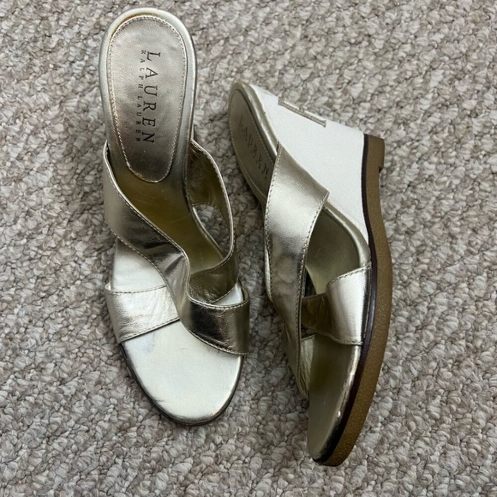 Lauren Ralph lauren gold wedge sandals letters monogram size  6.5 heels